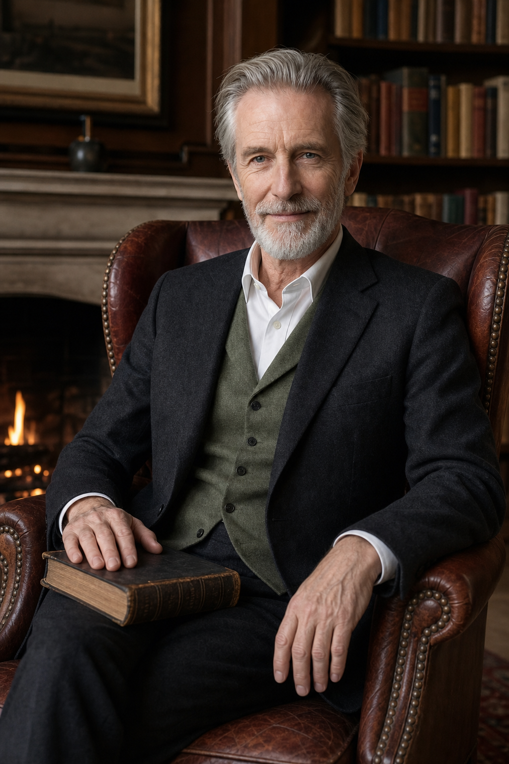 Edmund seated beside a fire in an old library